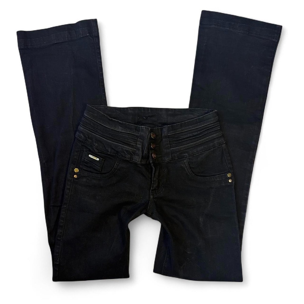 Kan Can Black Flare Trouser Jeans Gold Button Y2K Size 5
